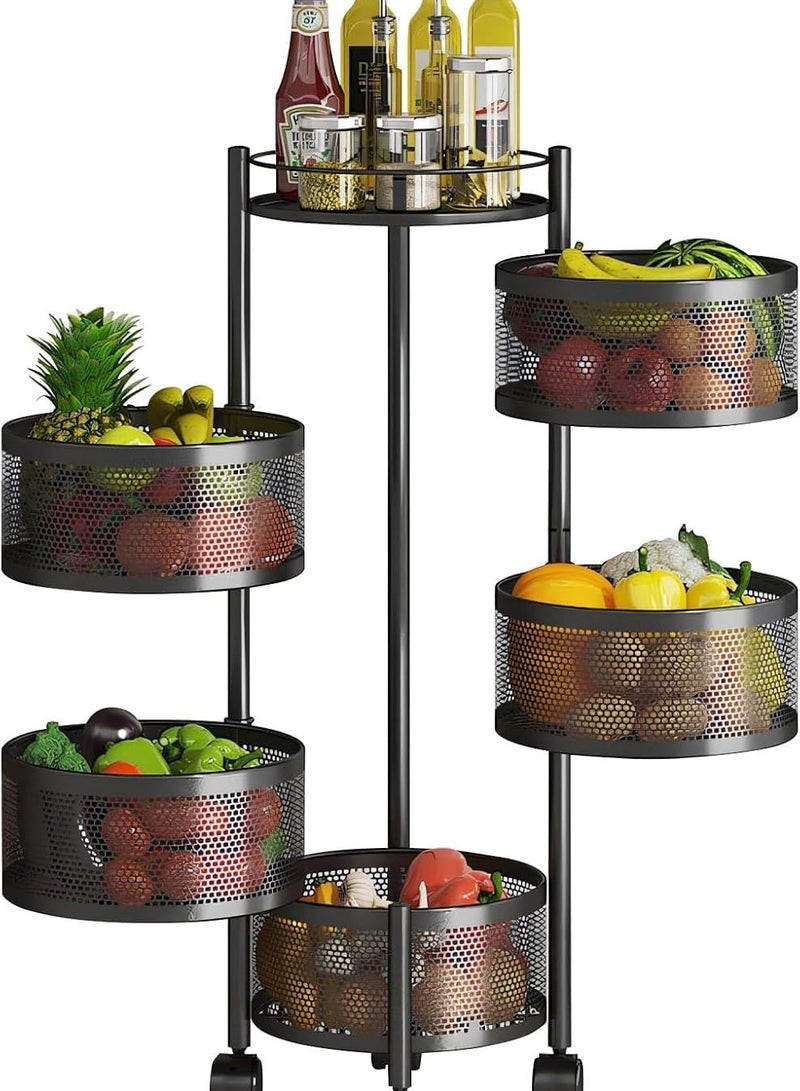 5-tier vegetable rack, made of rust-resistant metal; 360-degree rotating kitchen organizer basket; round carbon steel storage rack; black wheeled storage trolley; no fruit basket required; side storage shelf - black - Image 1